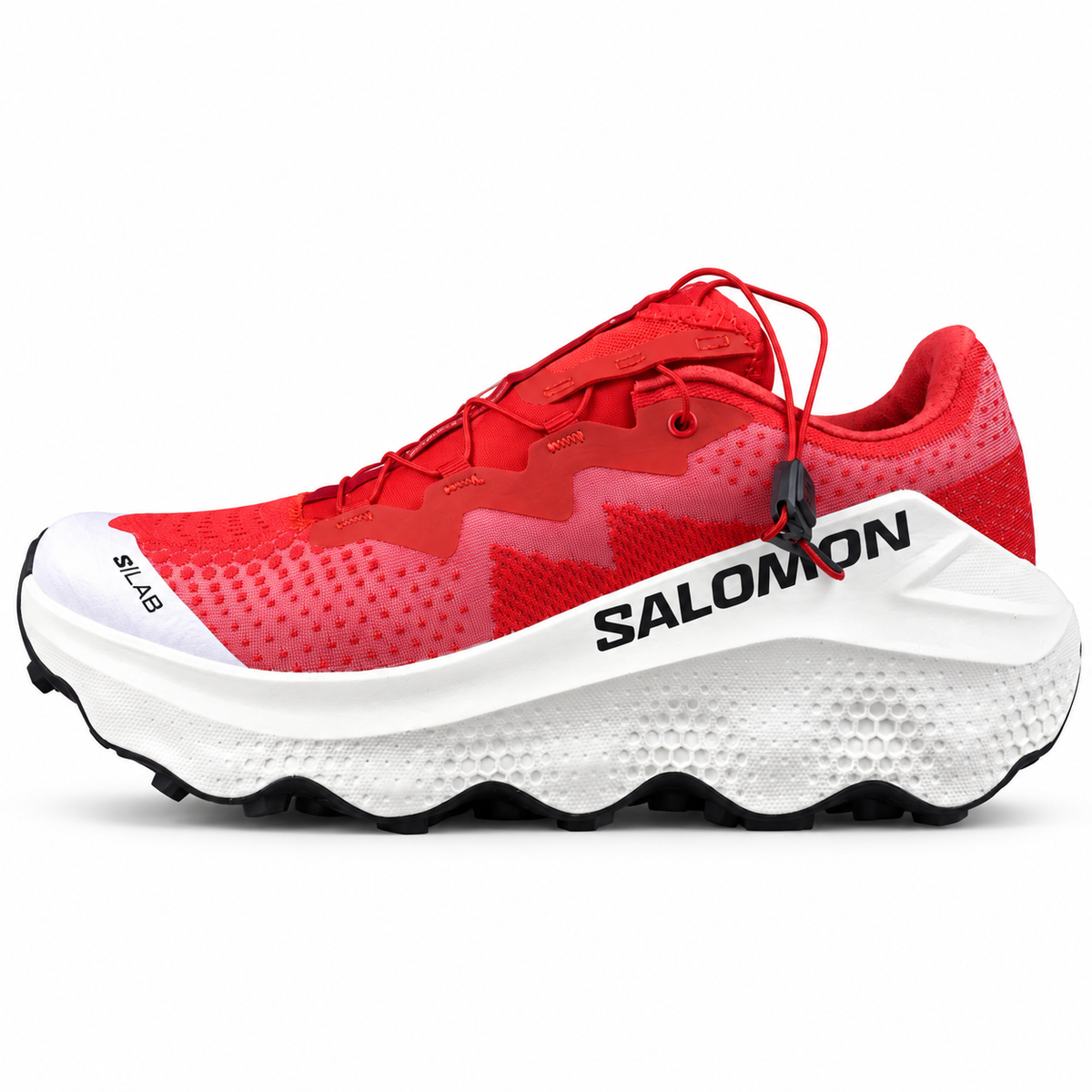 Salomon S/LAB Ultra Glide – Rouge / Crème, vue de profil sur fond blanc, pointe vers la gauche