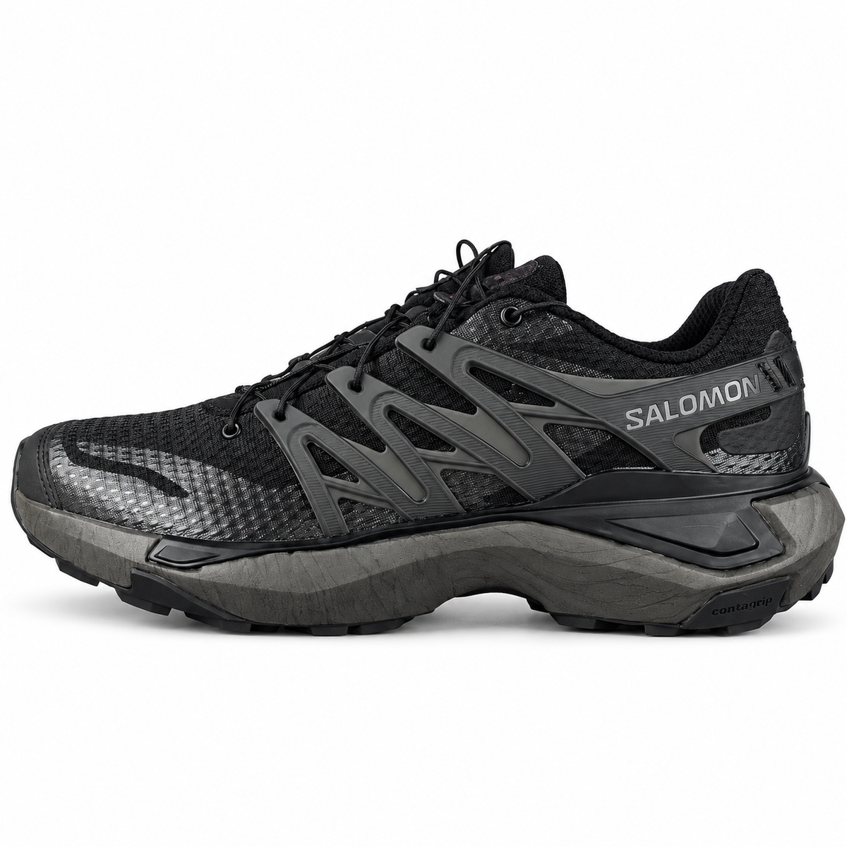 Salomon XT PU.RE Advanced – Noir, vue de profil sur fond blanc, pointe vers la gauche