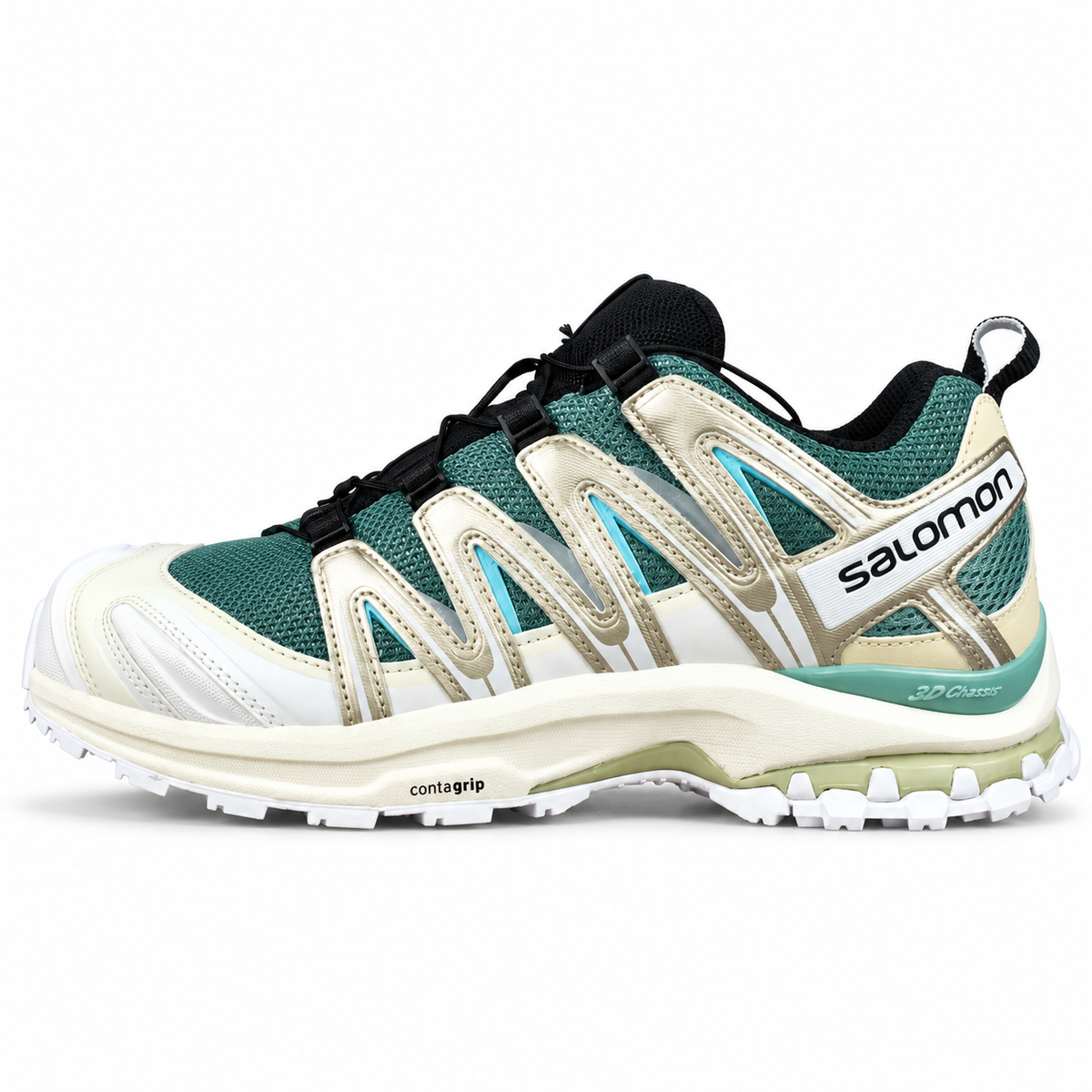 Salomon XA PRO 3D – Vert turquoise / Crème, vue de profil sur fond blanc, pointe vers la gauche