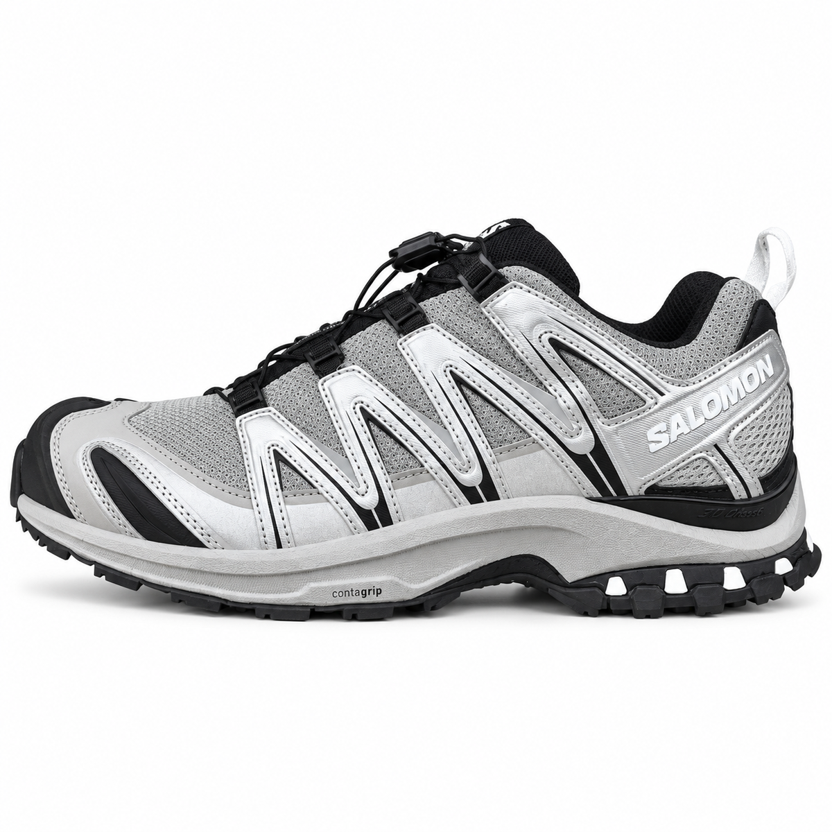 Salomon XA PRO 3D Advanced – Gris / Argent / Noir, vue de profil sur fond blanc, pointe vers la gauche