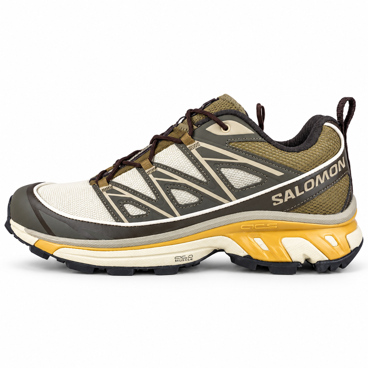Salomon XT-6 Expanse – Kaki / Crème / Ocre, vue de profil sur fond blanc, pointe vers la gauche