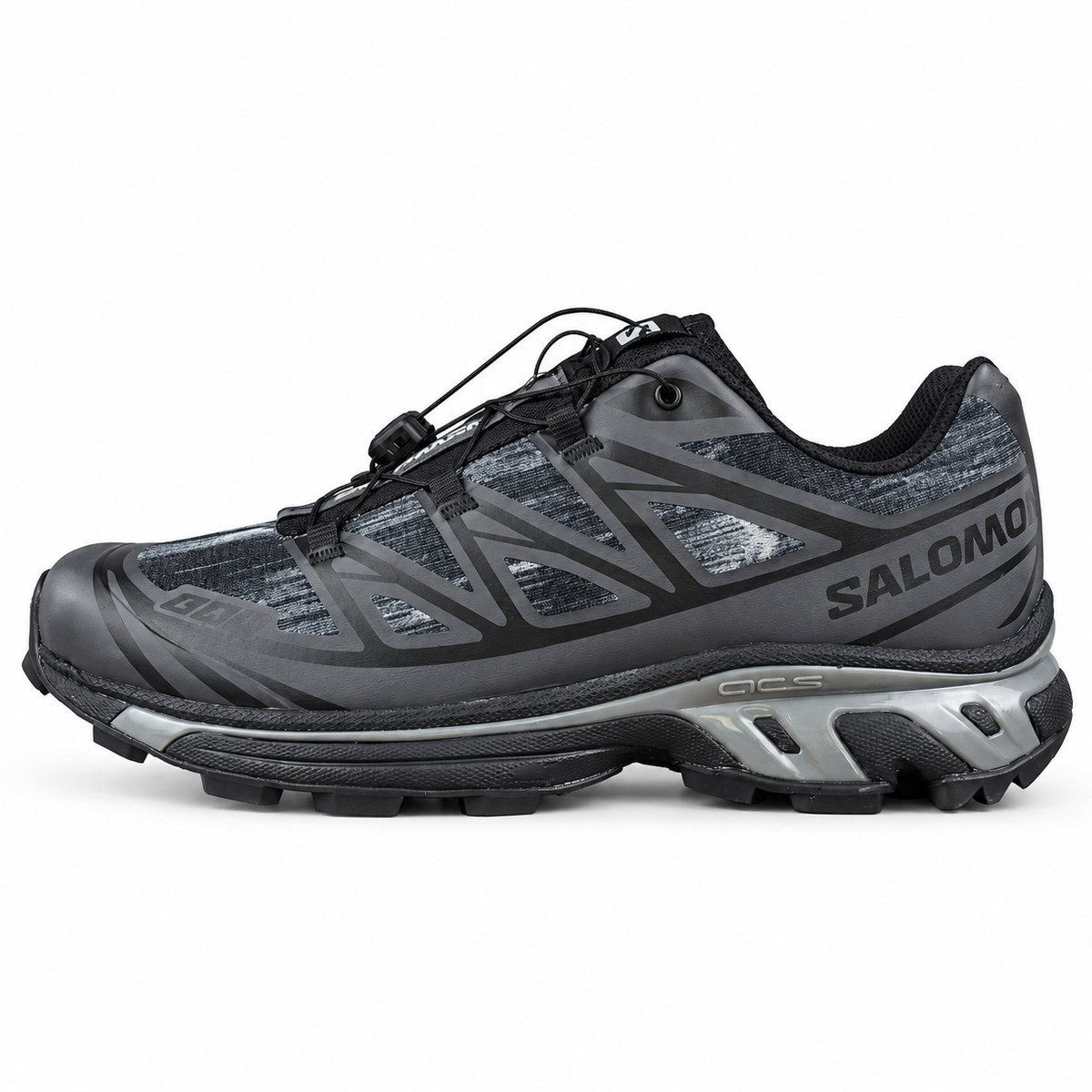 Salomon XT-6 Camo – Noir / Gris, vue de profil sur fond blanc, pointe vers la gauche