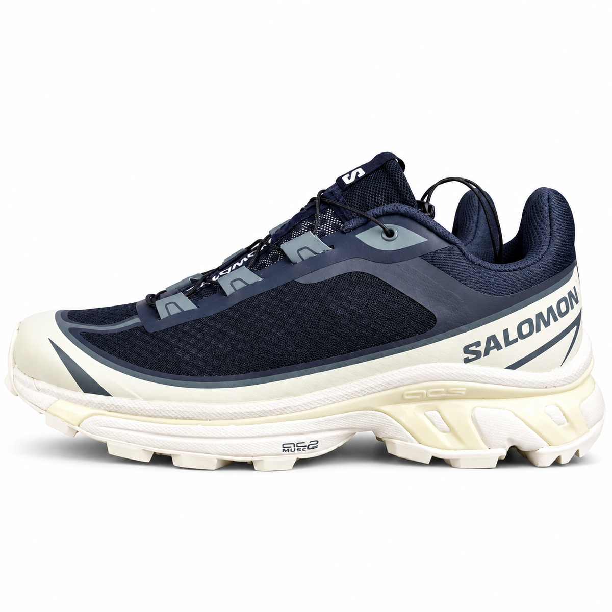 Salomon XT-6 FT – Bleu marine / Crème, vue de profil sur fond blanc, pointe vers la gauche