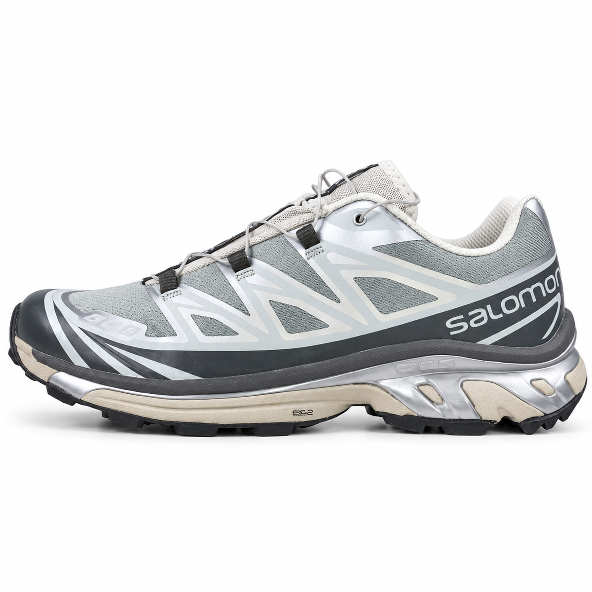 Salomon XT-6 Advanced for DSM – Gris / Argent, vue de profil sur fond blanc, pointe vers la gauche