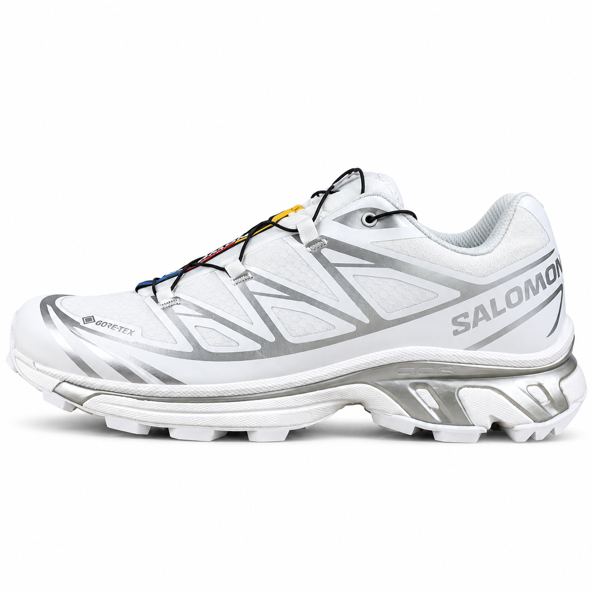 Salomon XT-6 GORE-TEX – Blanc / Argent, vue de profil sur fond blanc, pointe vers la gauche