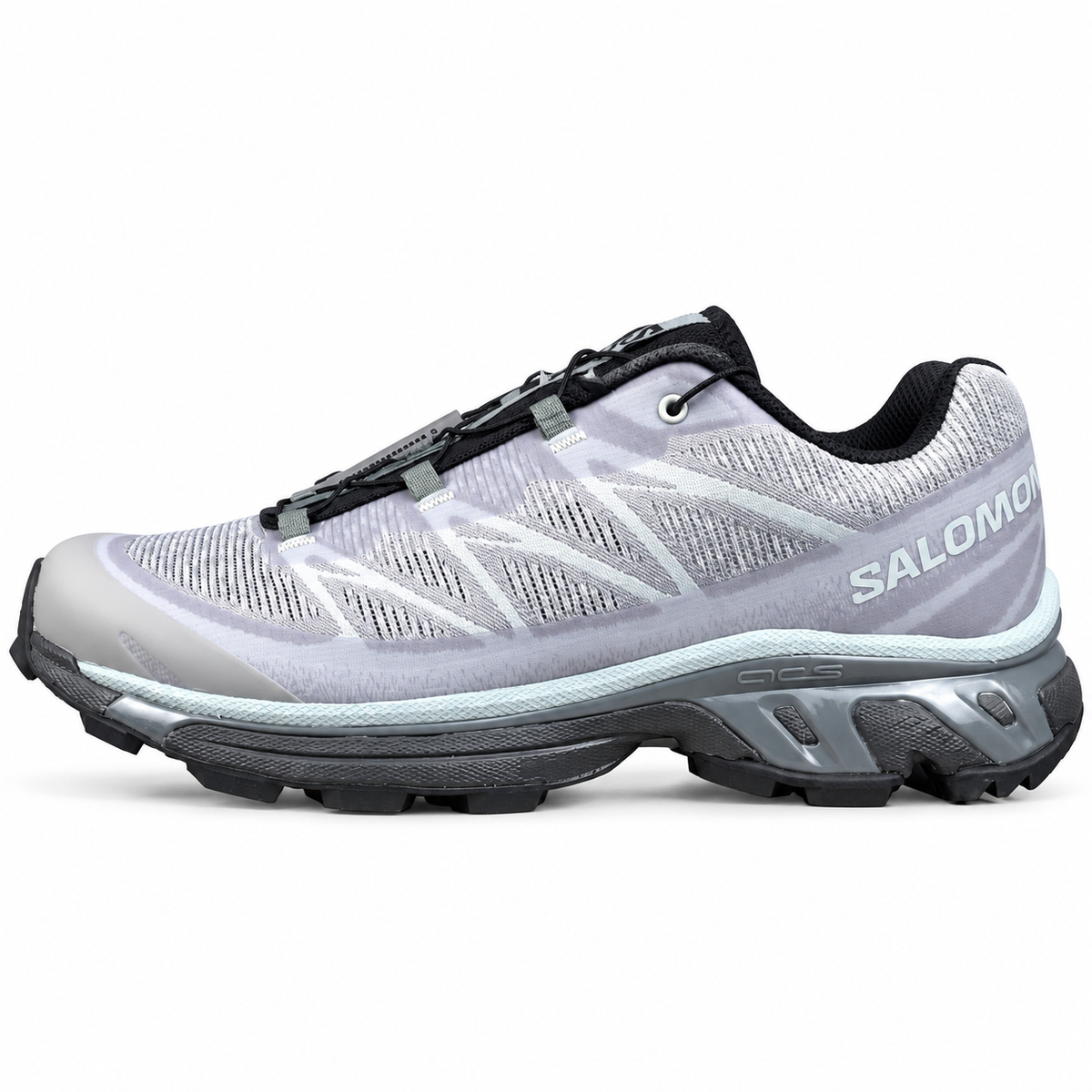 Salomon XT-6 Shadow – Gris / Violet, vue de profil sur fond blanc, pointe vers la gauche