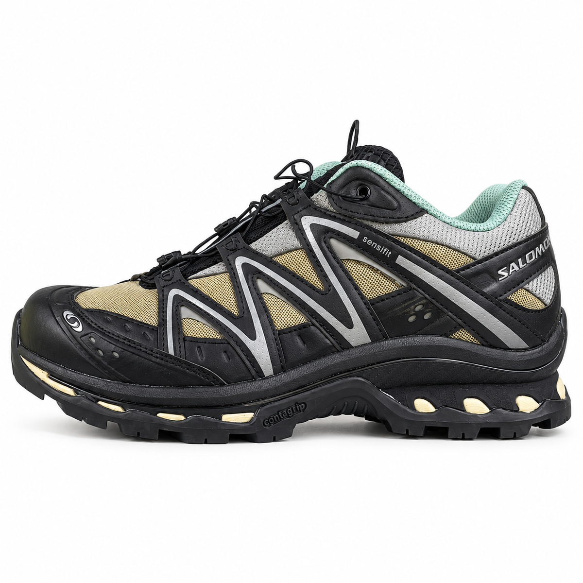 Salomon XT-QUEST – Noir / Kaki / Vert menthe, vue de profil sur fond blanc, pointe vers la gauche