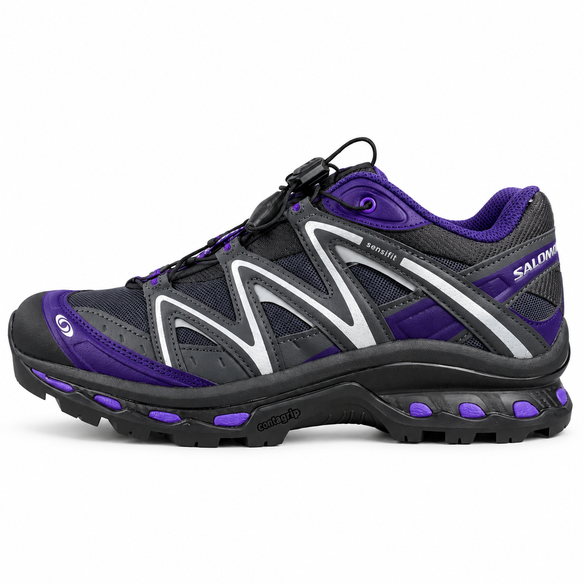 Salomon XT-QUEST – Noir / Violet / Argent, vue de profil sur fond blanc, pointe vers la gauche