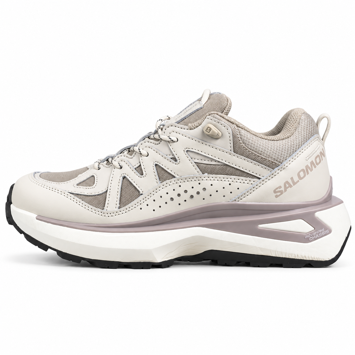 Salomon Odyssey ELMT Low Leather – Beige / Gris, vue de profil sur fond blanc, pointe vers la gauche