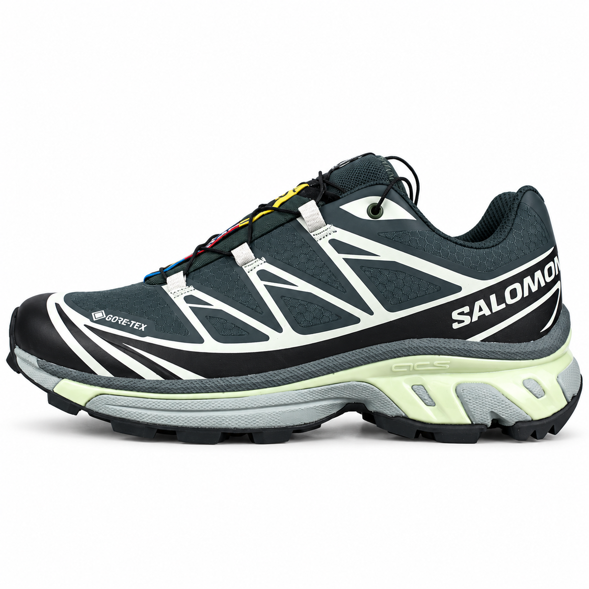 Salomon XT-6 GORE-TEX – Vert foncé / Noir / Vert clair, vue de profil sur fond blanc, pointe vers la gauche