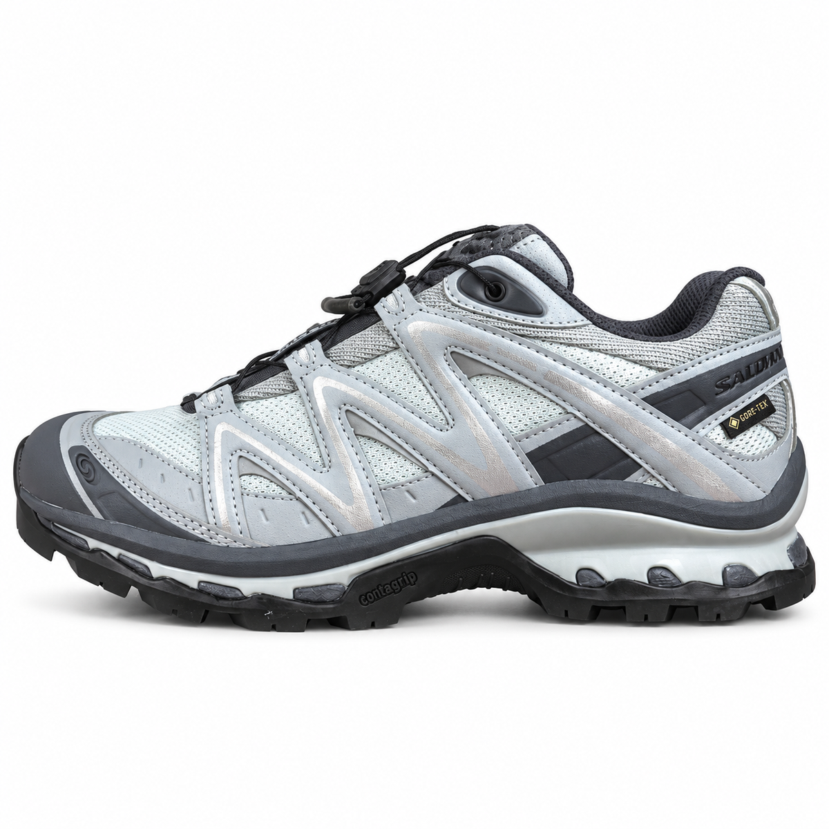 Salomon XT-QUEST GORE-TEX – Bleu clair / Gris, vue de profil sur fond blanc, pointe vers la gauche