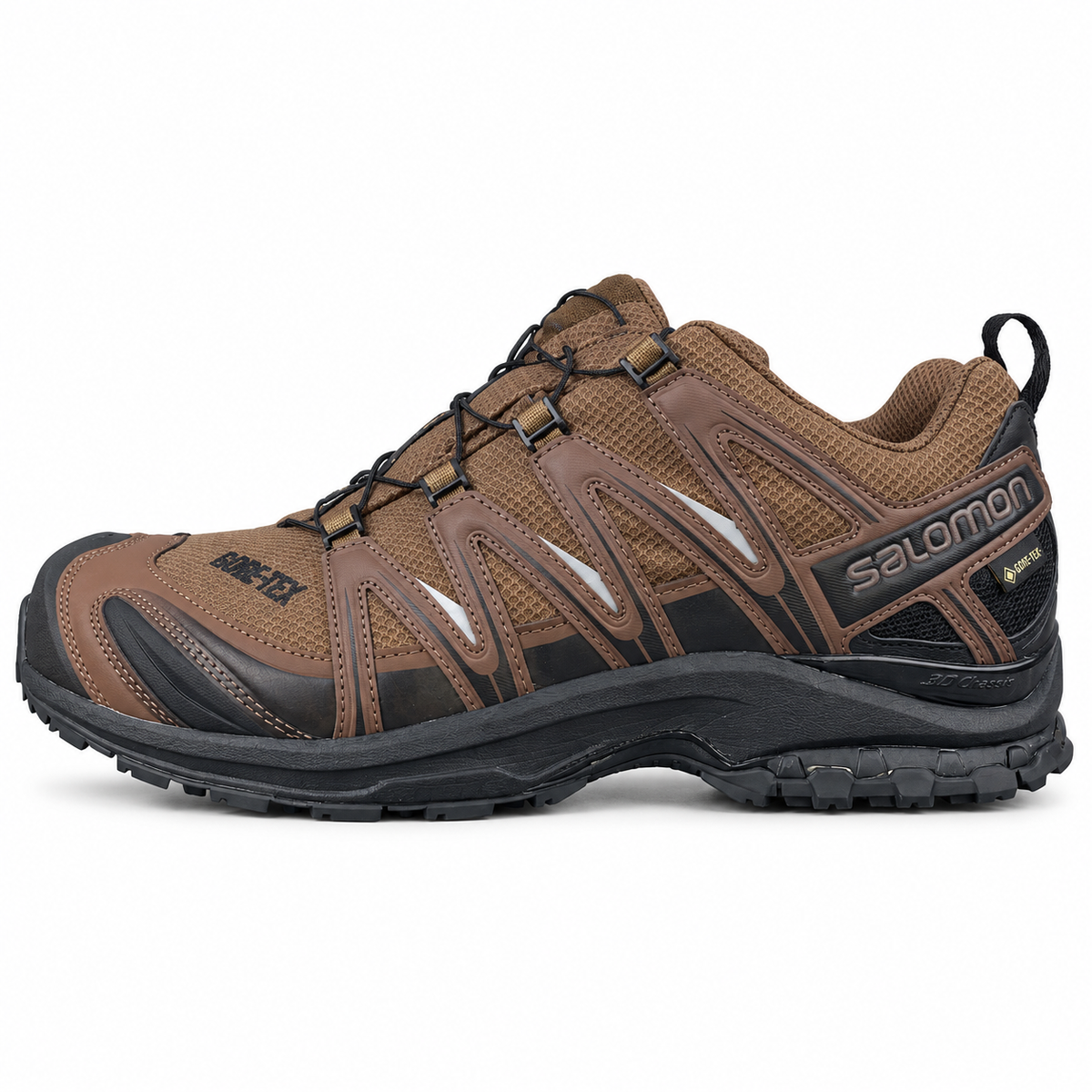 Salomon XA PRO 3D GORE-TEX x and wander – Marron / Noir, vue de profil sur fond blanc, pointe vers la gauche