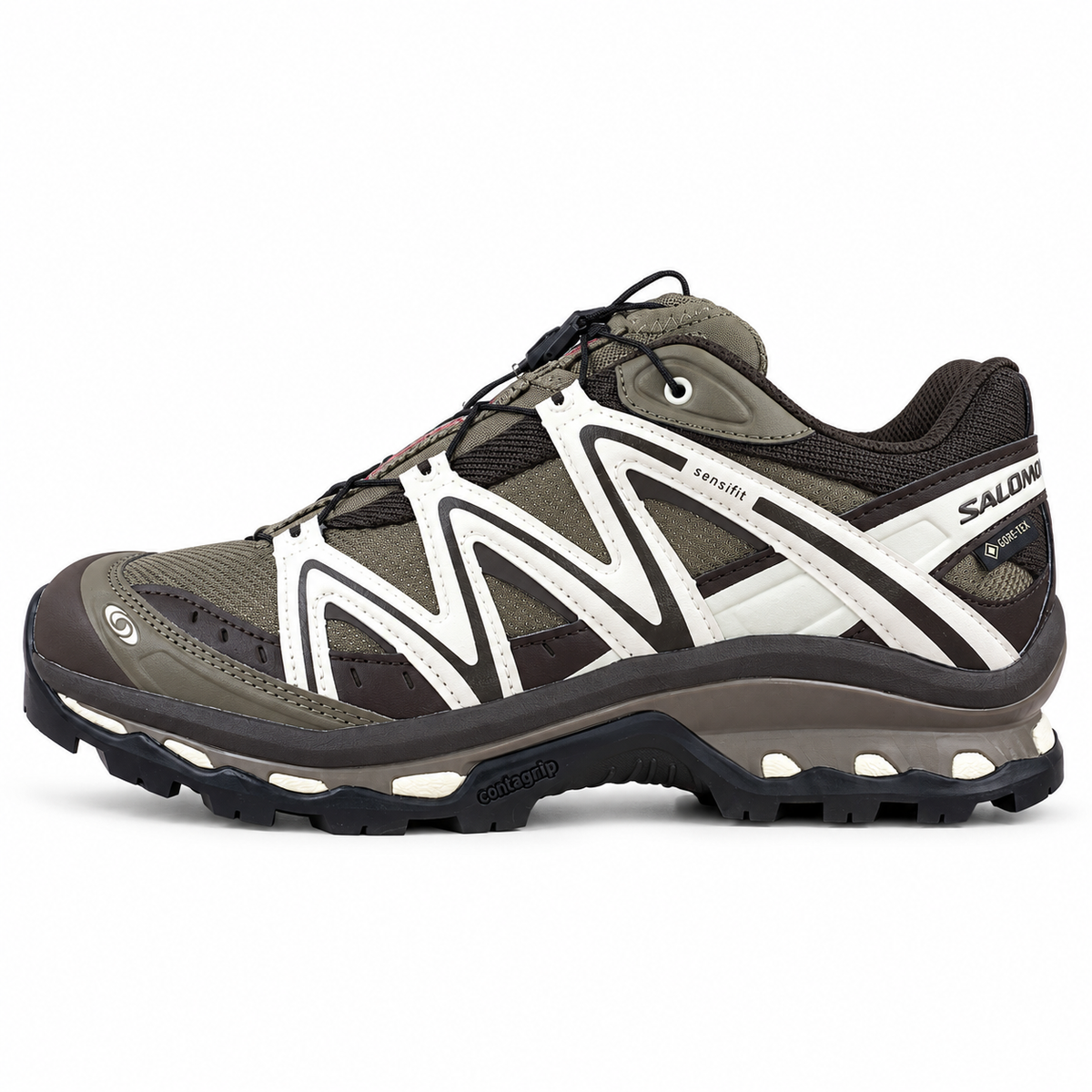 Salomon XT-QUEST GORE-TEX ATHR – Marron / Crème, vue de profil sur fond blanc, pointe vers la gauche