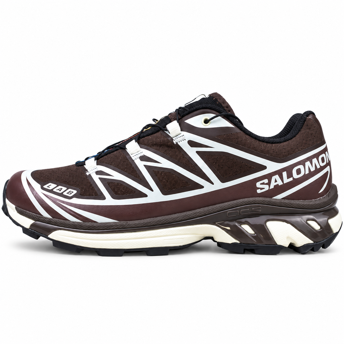 Salomon XT-6 – Marron / Crème, vue de profil sur fond blanc, pointe vers la gauche