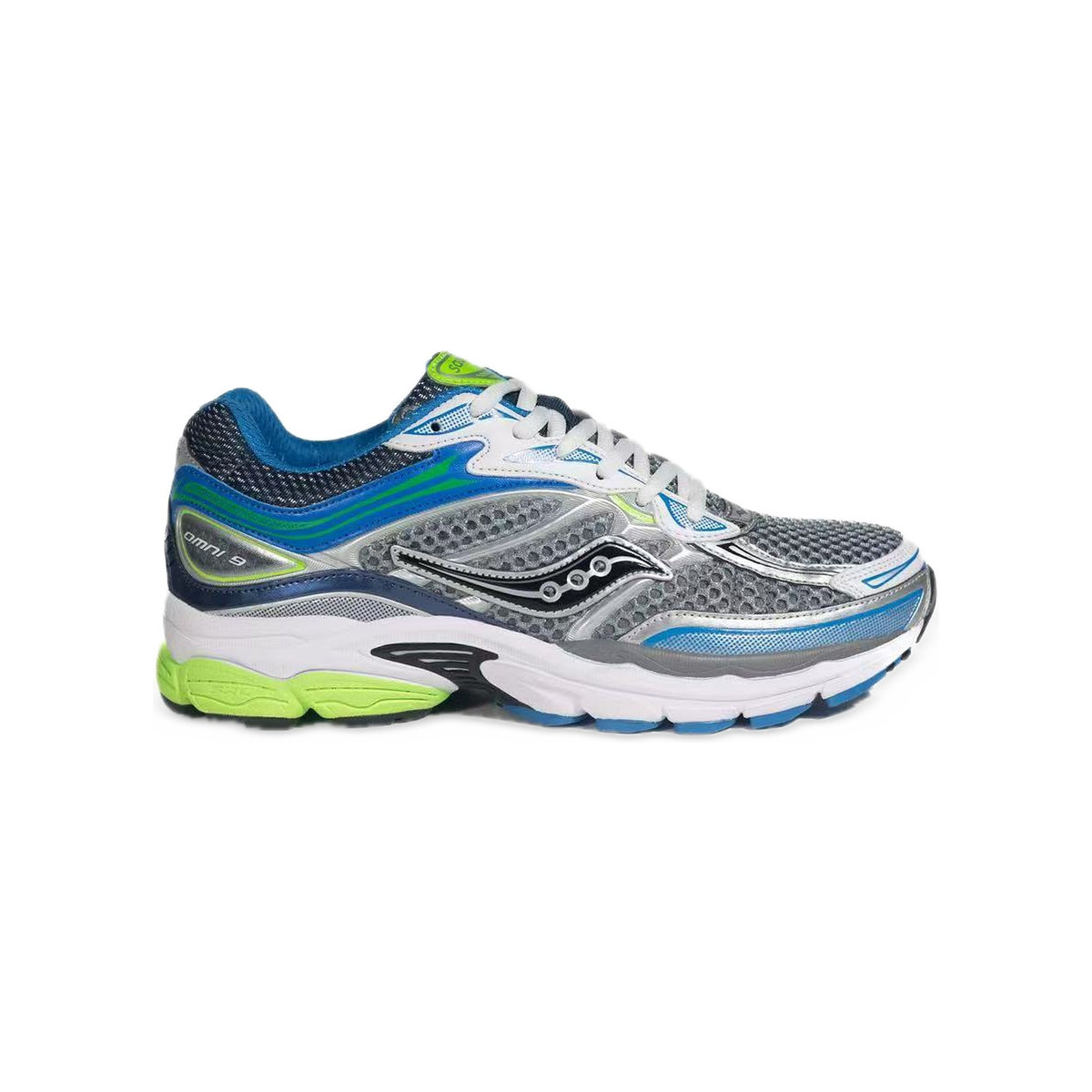 Saucony ProGrid Omni 9 Argent / Bleu / Vert Fluo – vue latérale