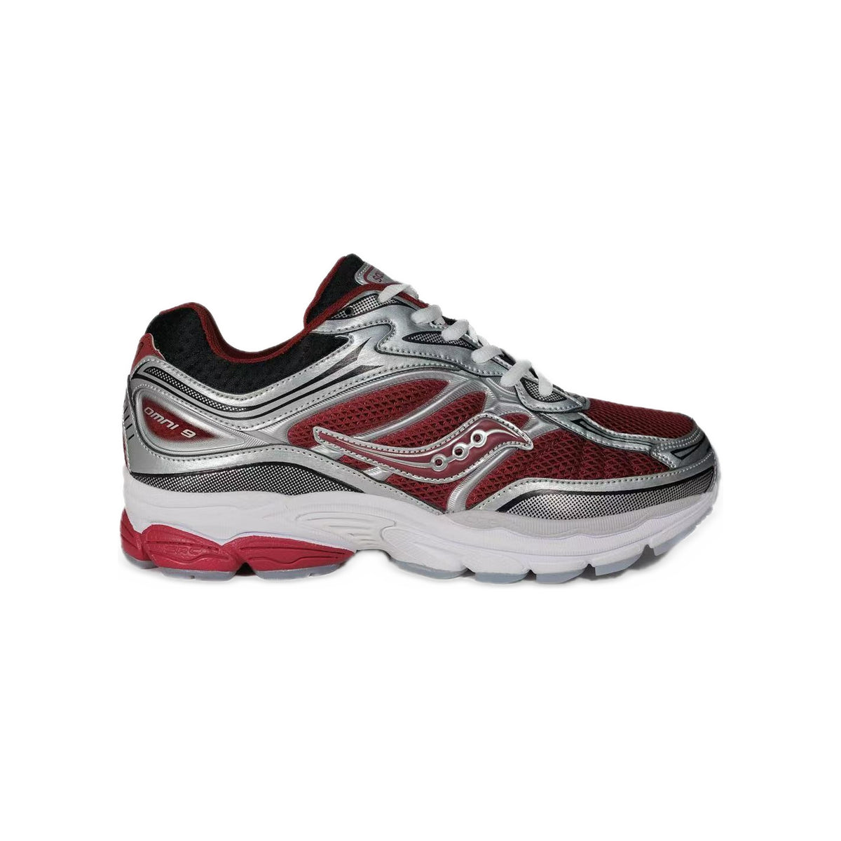 Saucony ProGrid Omni 9 Argent / Bordeaux / Rouge – vue latérale