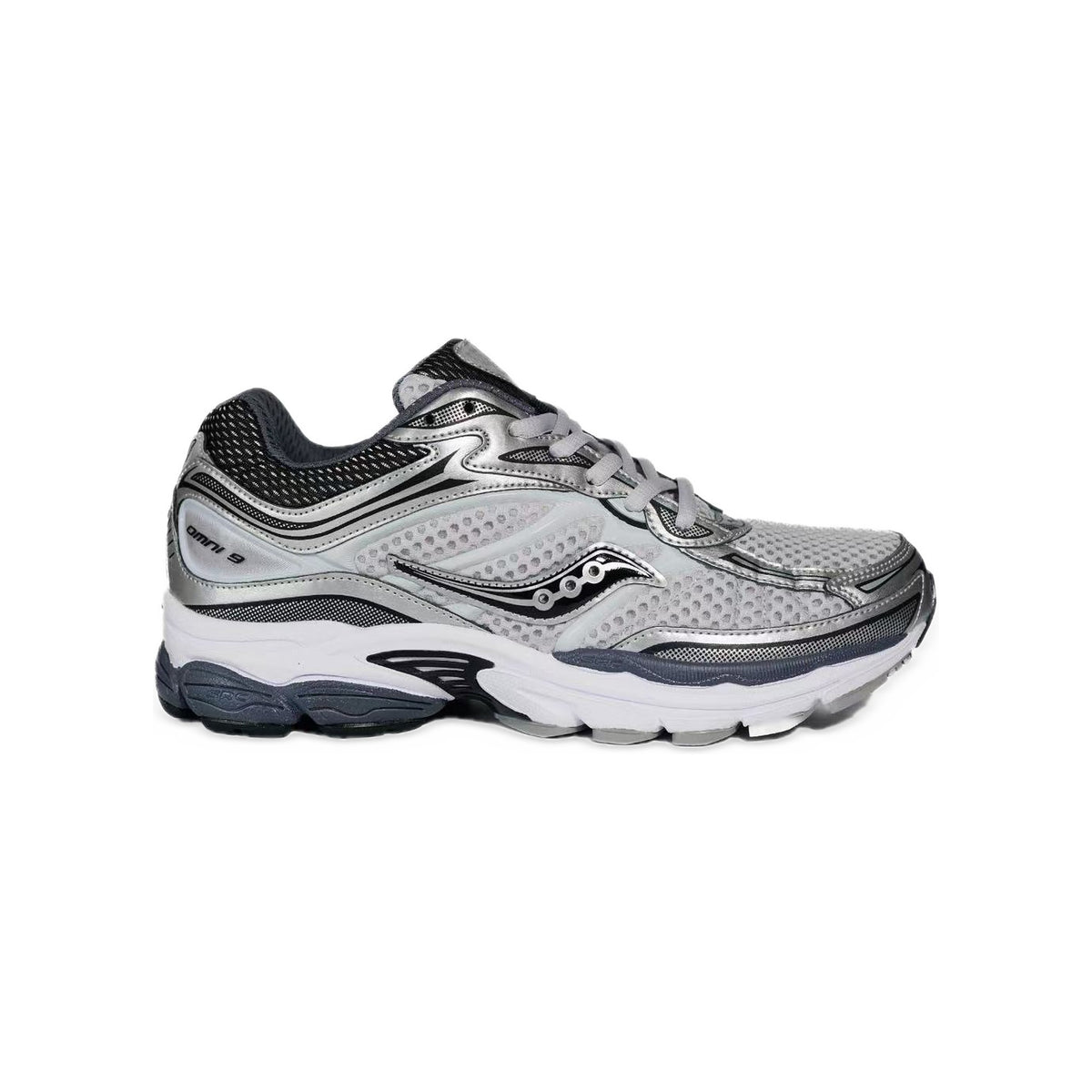 Saucony ProGrid Omni 9 Argent / Gris / Marine – vue latérale