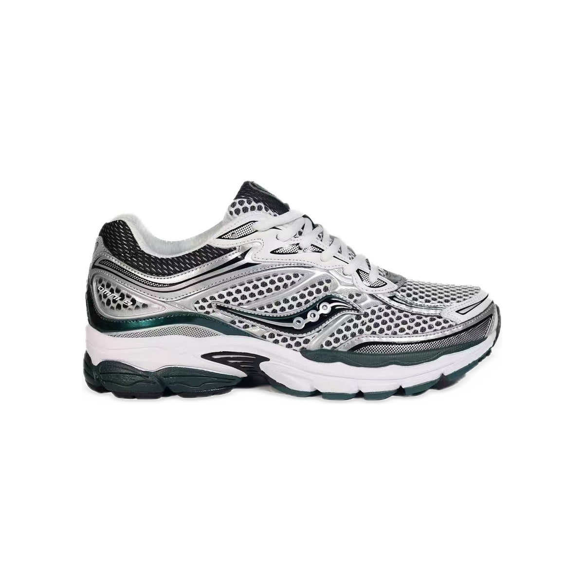 Saucony ProGrid Omni 9 Argent / Noir / Vert Sapin – vue latérale