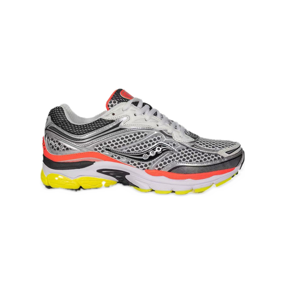 Saucony ProGrid Omni 9 Argent / Orange / Jaune Fluo – vue latérale