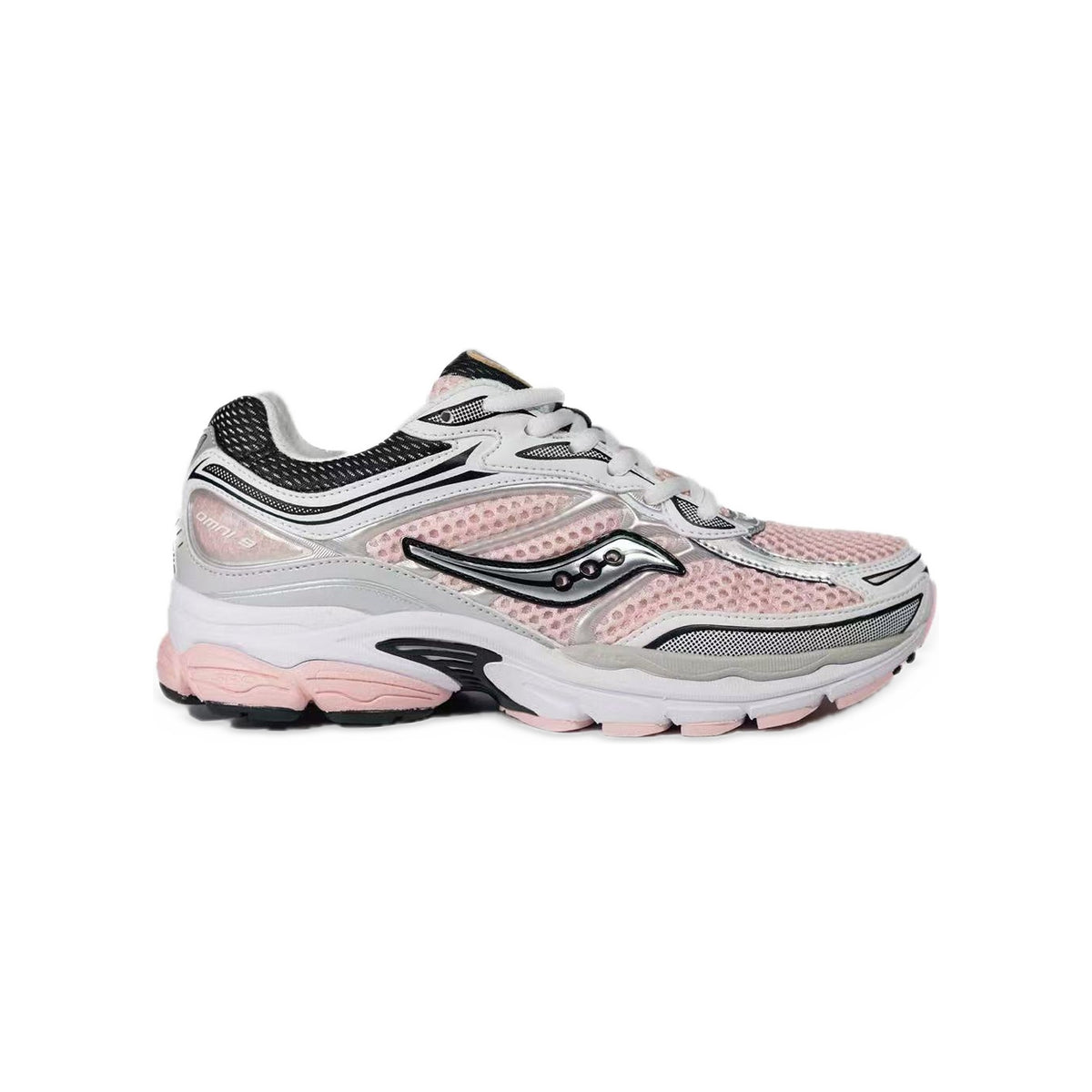 Saucony ProGrid Omni 9 Blanc / Rose Pâle / Argent – vue latérale