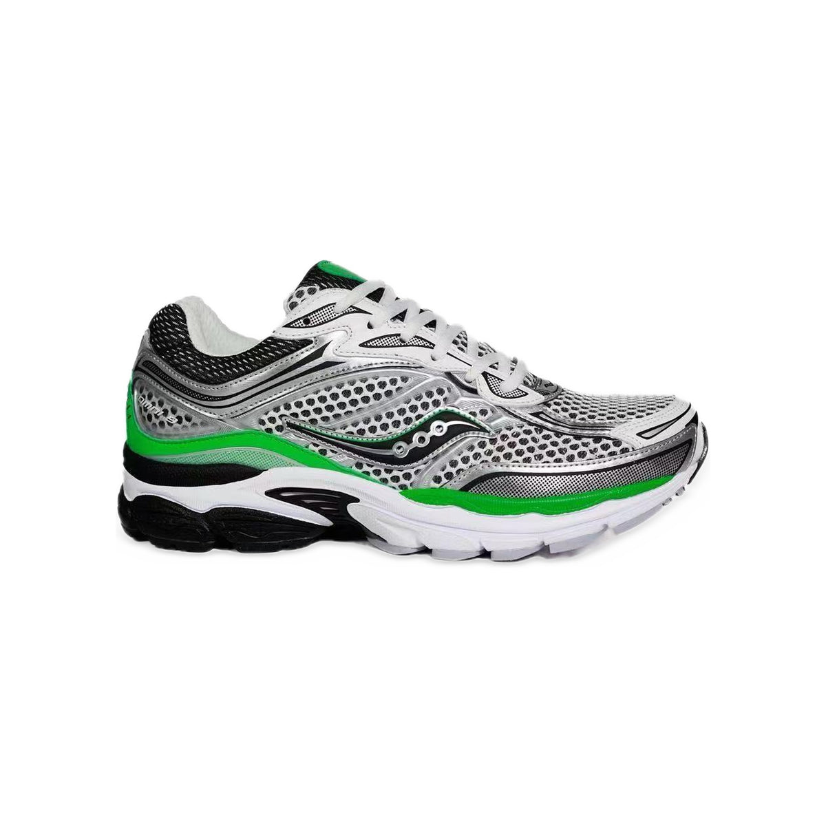 Saucony ProGrid Omni 9 Argent / Vert Fluo / Noir – vue latérale