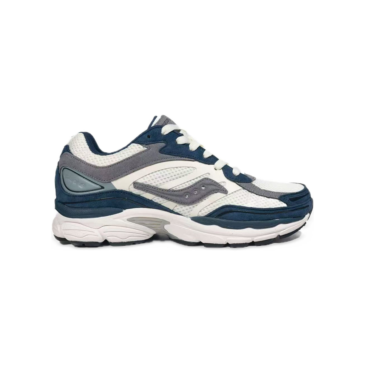 Saucony ProGrid Omni 9 Blanc / Bleu Marine / Gris – vue latérale