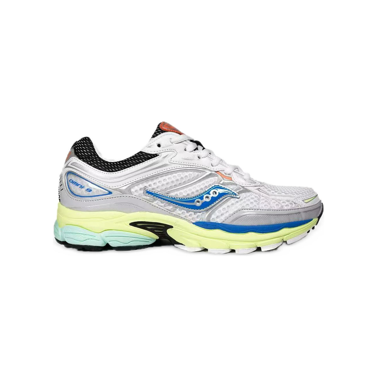 Saucony ProGrid Omni 9 Blanc / Bleu Royal / Jaune Fluo – vue latérale