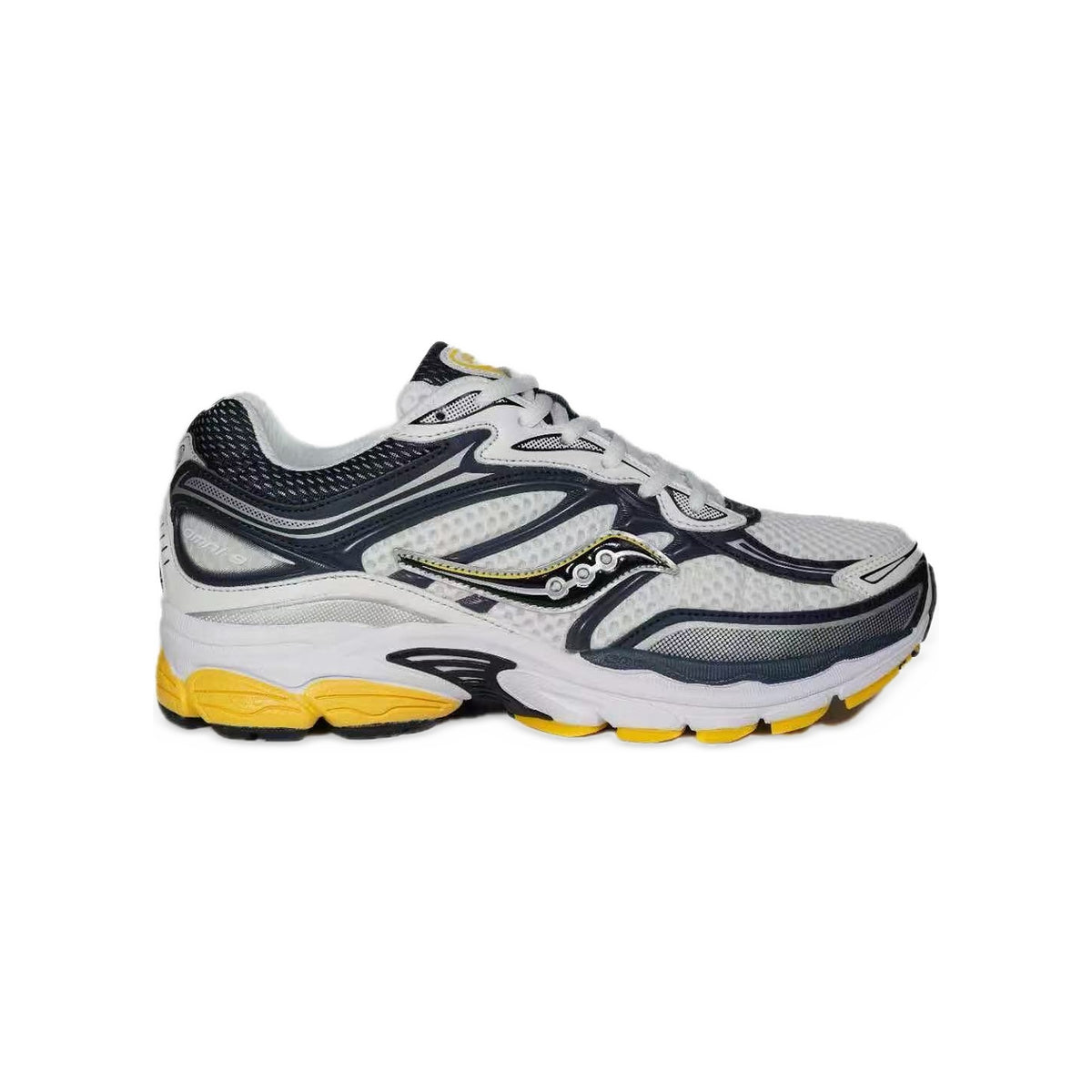 Saucony ProGrid Omni 9 Blanc / Marine / Jaune – vue latérale