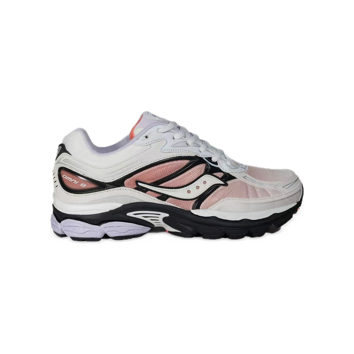Saucony ProGrid Omni 9 Blanc / Rose Saumon / Noir – vue latérale