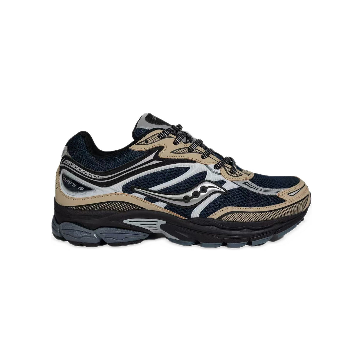 Saucony ProGrid Omni 9 Bleu Marine / Beige / Noir – vue latérale