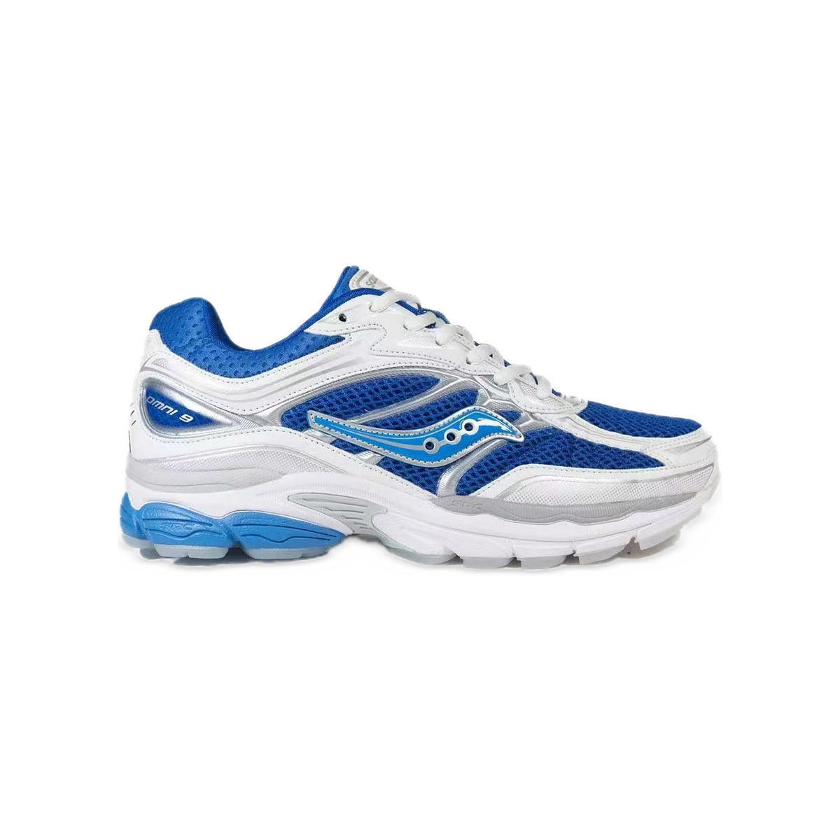 Saucony ProGrid Omni 9 Bleu Royal / Blanc / Argent – vue latérale