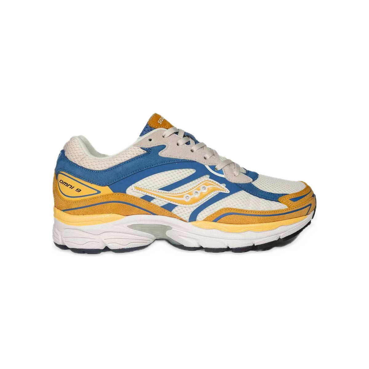 Saucony ProGrid Omni 9 Crème / Bleu / Jaune Moutarde – vue latérale