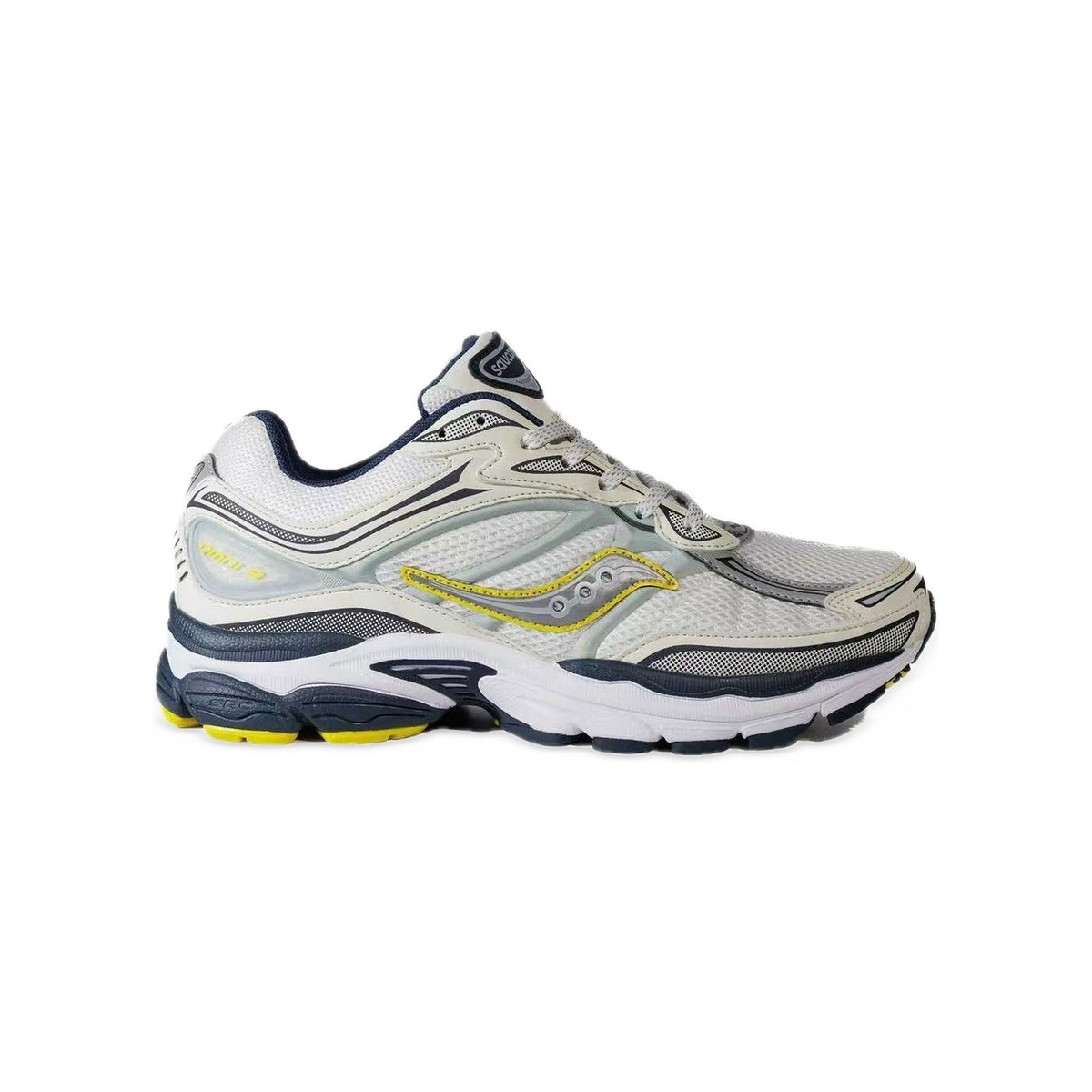 Saucony ProGrid Omni 9 Crème / Bleu Marine / Jaune – vue latérale