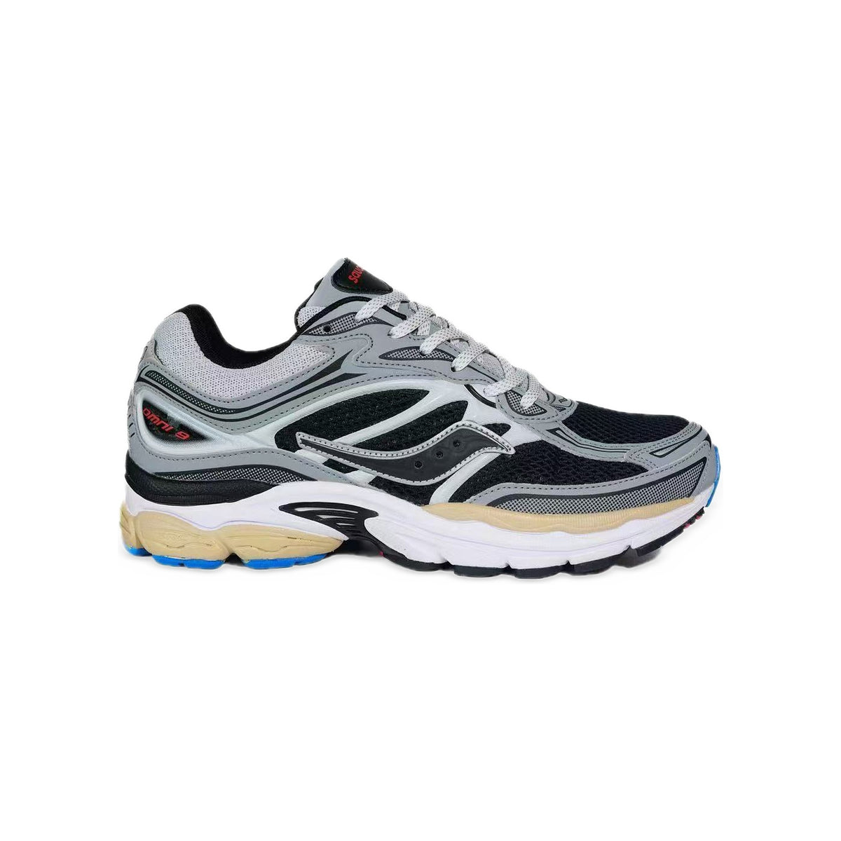 Saucony ProGrid Omni 9 Gris Argent / Noir / Sable – vue latérale