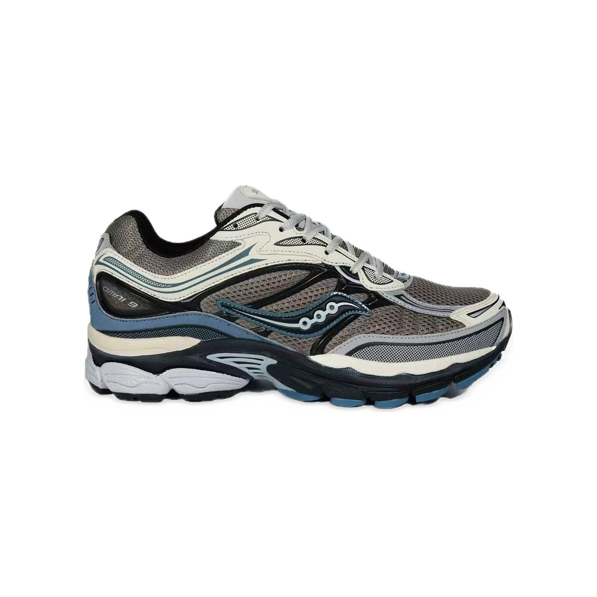 Saucony ProGrid Omni 9 Gris / Bleu Acier / Crème – vue latérale