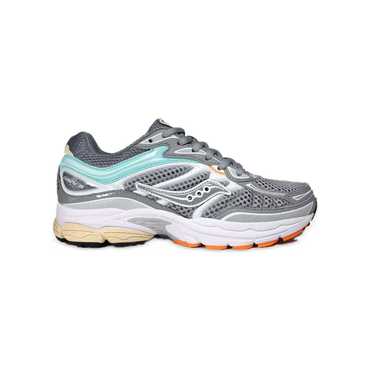 Saucony ProGrid Omni 9 Gris / Turquoise / Orange – vue latérale
