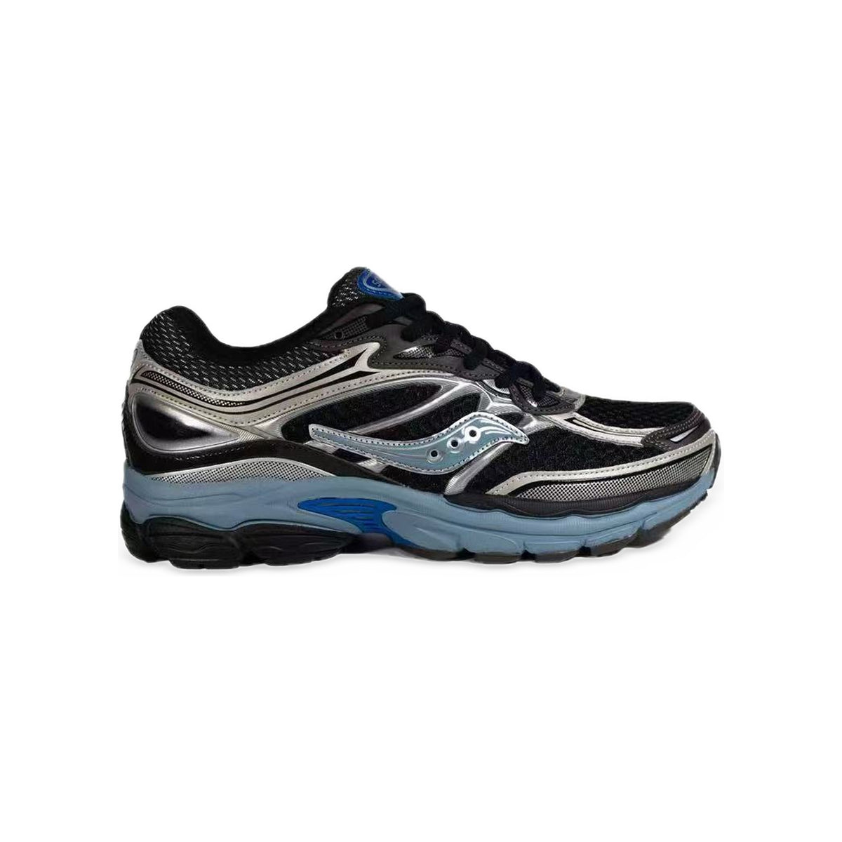 Saucony ProGrid Omni 9 Noir / Argent / Bleu Acier – vue latérale