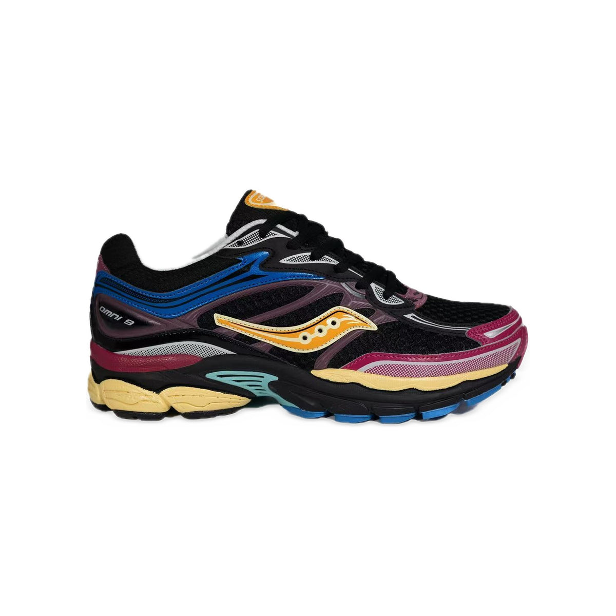 Saucony ProGrid Omni 9 Noir / Bordeaux / Jaune – vue latérale