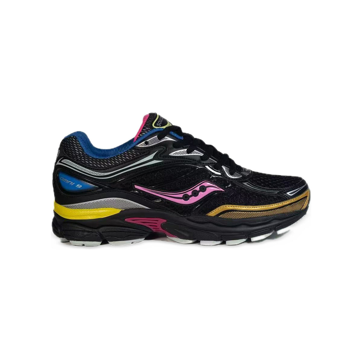 Saucony ProGrid Omni 9 Noir / Rose / Jaune – vue latérale