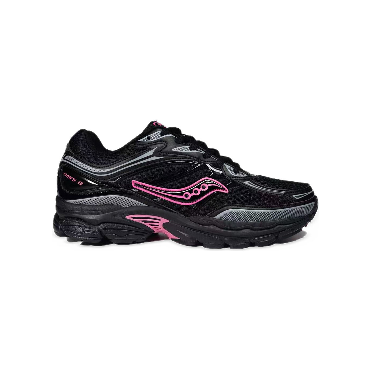 Saucony ProGrid Omni 9 Noir / Rose – vue latérale