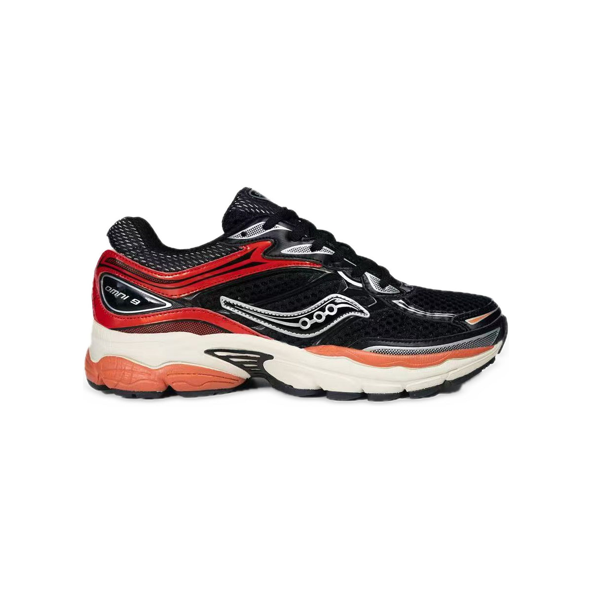 Saucony ProGrid Omni 9 Noir / Rouge / Crème – vue latérale
