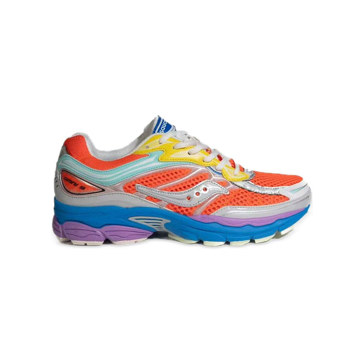 Saucony ProGrid Omni 9 Orange Fluo / Bleu / Violet – vue latérale