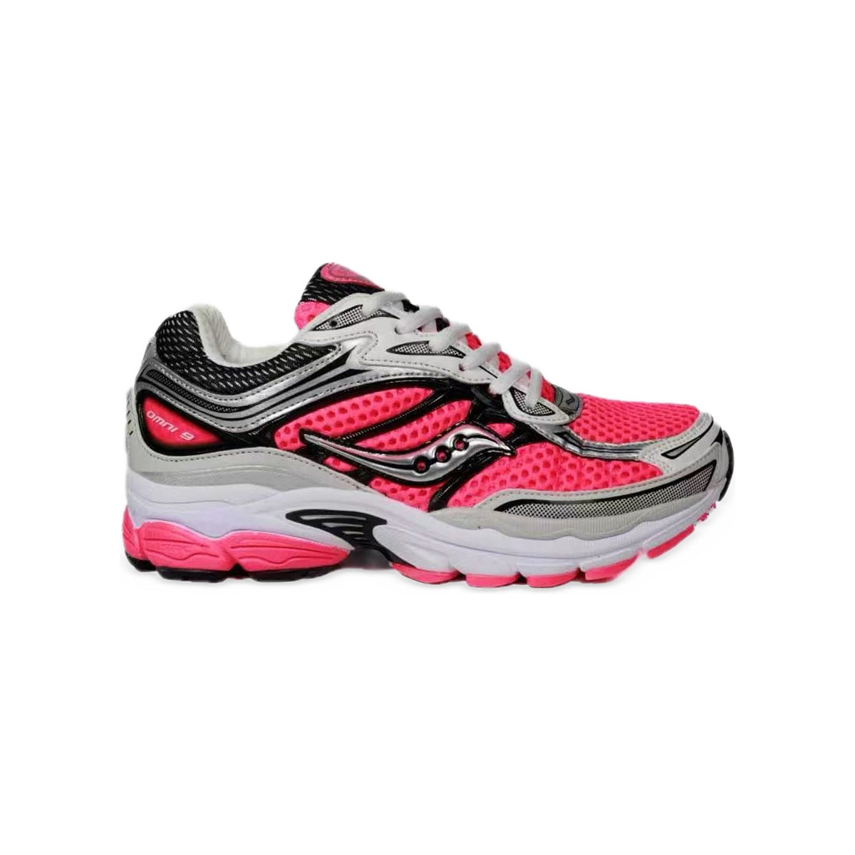 Saucony ProGrid Omni 9 Rose Fluo / Argent / Noir – vue latérale