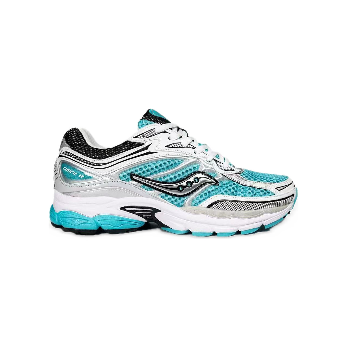 Saucony ProGrid Omni 9 Turquoise / Argent / Blanc – vue latérale