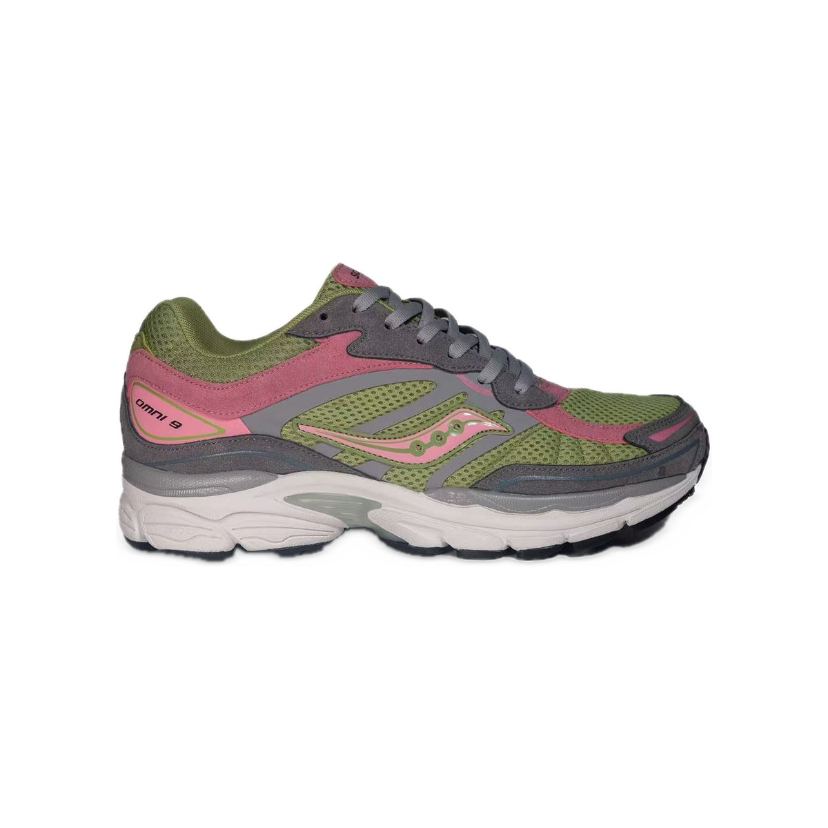 Saucony ProGrid Omni 9 Vert Kaki / Rose / Gris – vue latérale