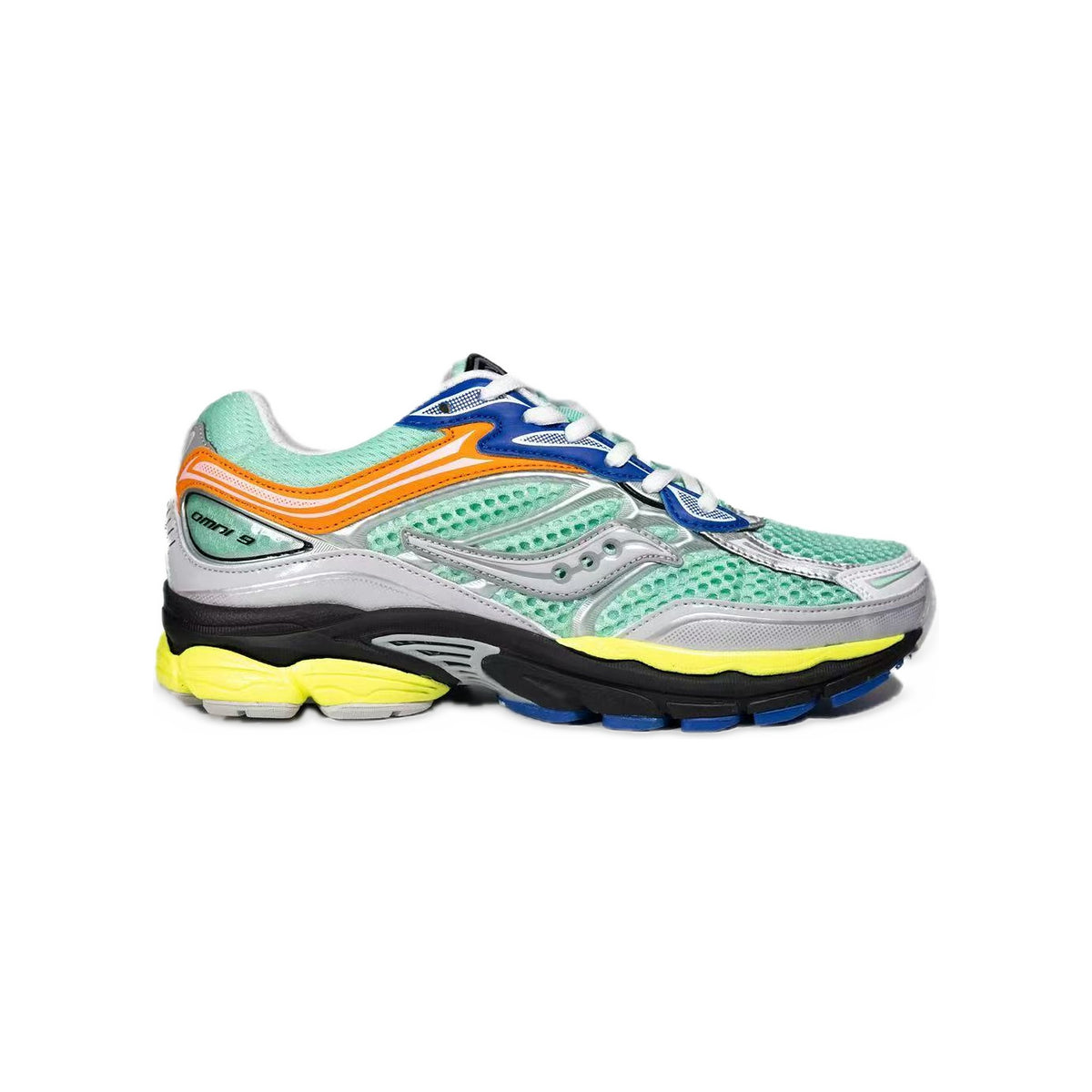 Saucony ProGrid Omni 9 Vert Menthe / Orange / Bleu – vue latérale